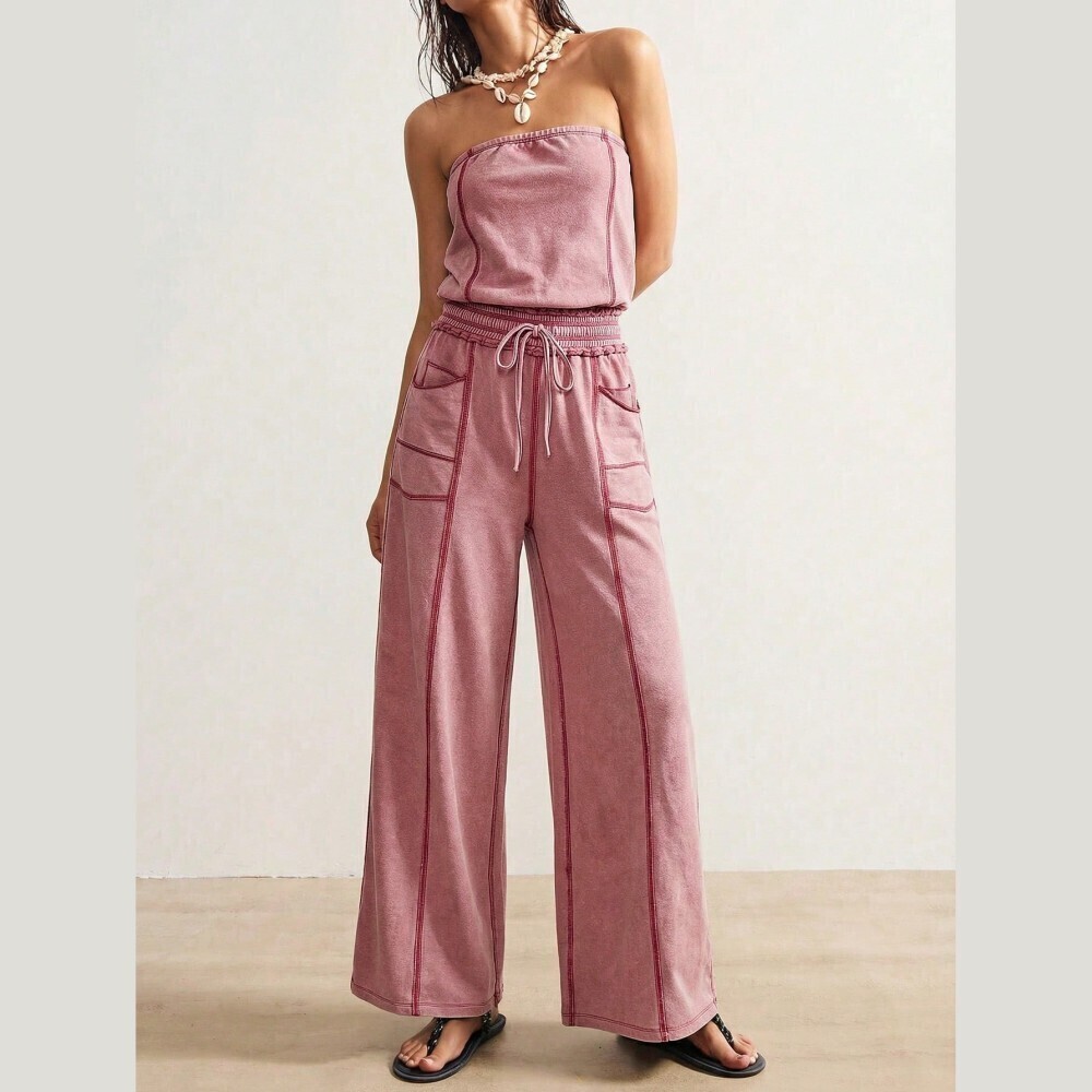 Mauve Pink Strapless Wide Leg Jumpsuit with Contrast Stitching